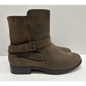 Nicole "Barlow"women size 7.5 low calf/ankle buckle belted brown man made boots